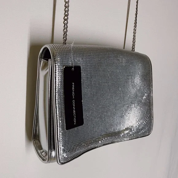 NWT French Connection Silver Regan Messenger with Chain Strap - Picture 1 of 7
